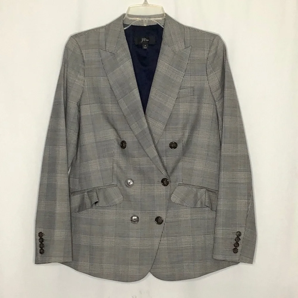 J. Crew Glen Plaid Double Breasted Wool Ruffle Pocket Blazer Jacket  Size 4